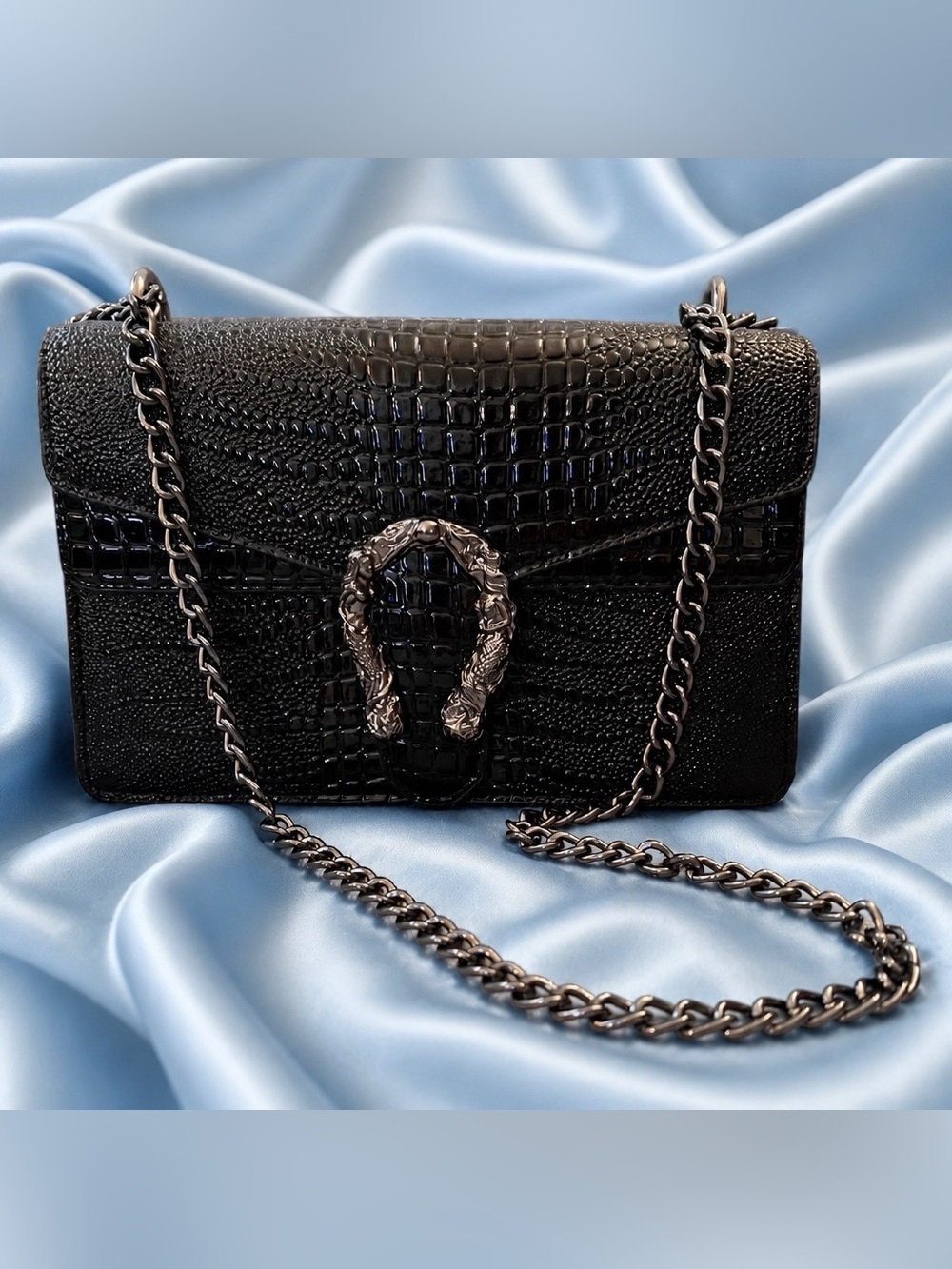 Elegant Faux Black PU Glossy Croc-Embossed Vegan Leather Adjustable Metal Strap